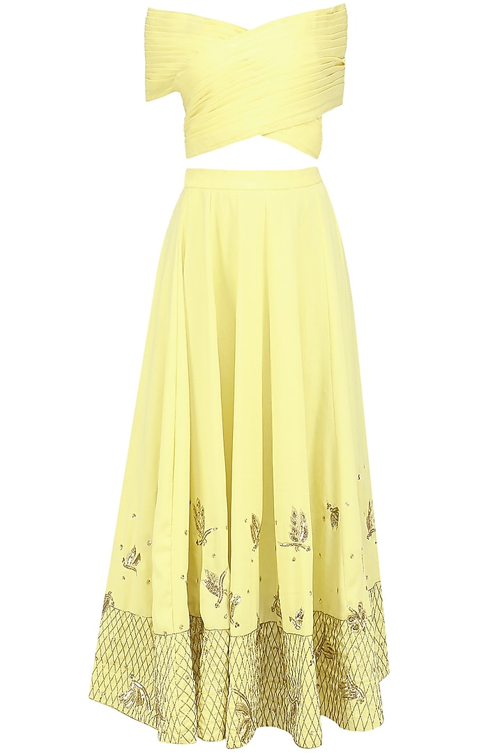 Soft Yellow Off Shoulder Crop Top and Pleated Skirt Set by Tanya Patni