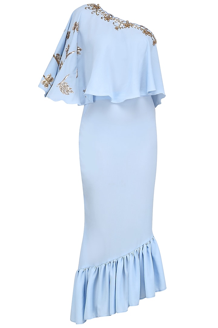 Baby Blue Embroidered Cape Style Top with Frilled Peplum Skirt by Tanya Patni