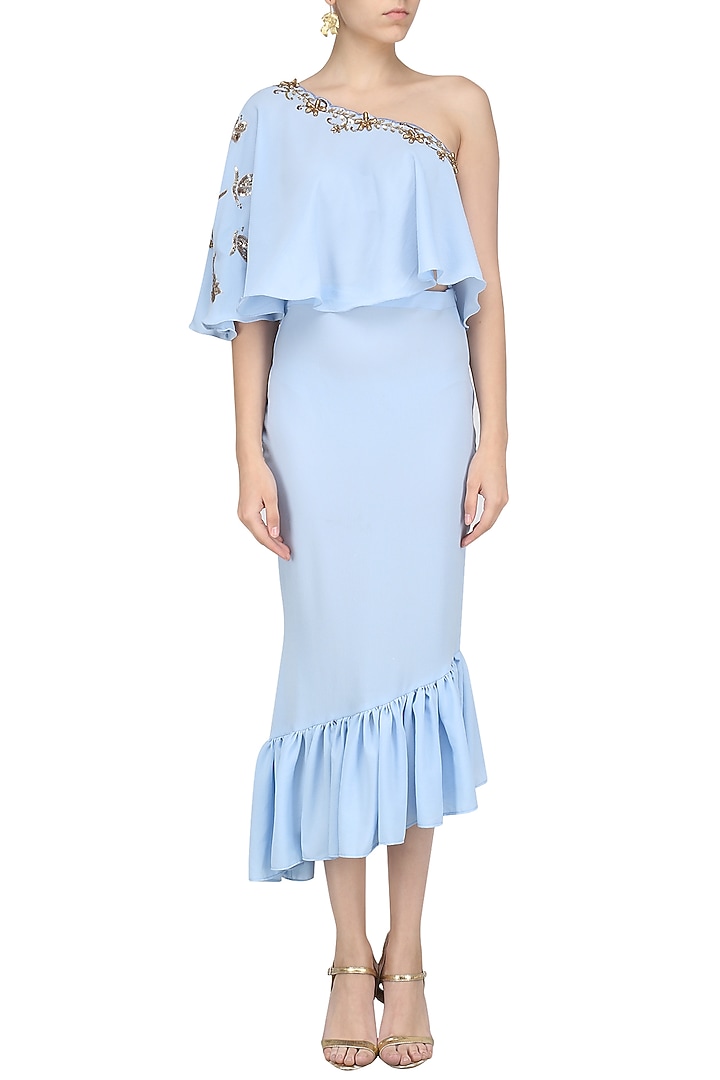 Baby blue embroidered cape style top with frilled peplum skirt available only at Pernia's Pop Up Shop.