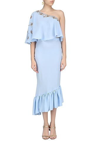 Baby Blue Embroidered Cape Style Top with Frilled Peplum Skirt by Tanya Patni