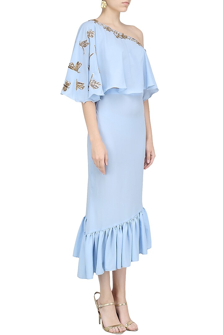 Baby blue embroidered cape style top with frilled peplum skirt available only at Pernia's Pop Up Shop.