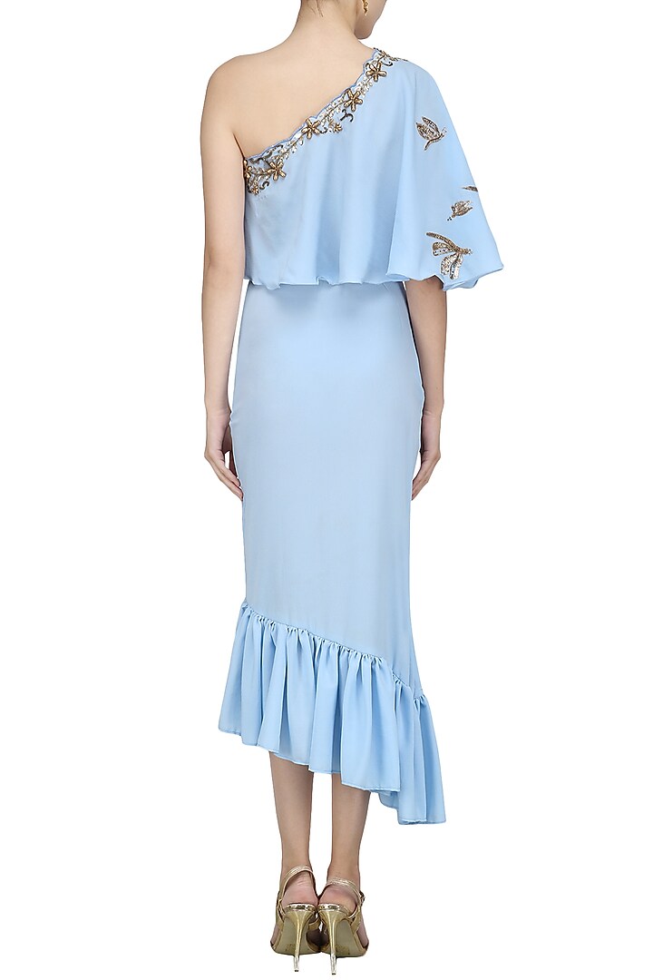 Baby blue embroidered cape style top with frilled peplum skirt available only at Pernia's Pop Up Shop.