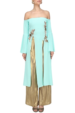 Seafoam Bell Sleeves Off Shoulder Kurta by Tanya Patni