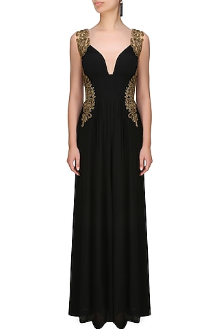 Black onyx sweetheart neck jumpsuit by Tanya Patni