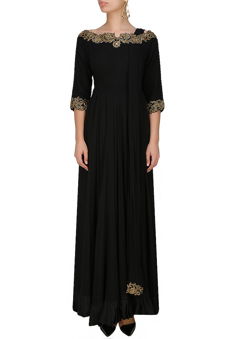 Tanya Patni presents Black boatneck dabka embroidered anarkali available only at Pernia's Pop Up Shop.