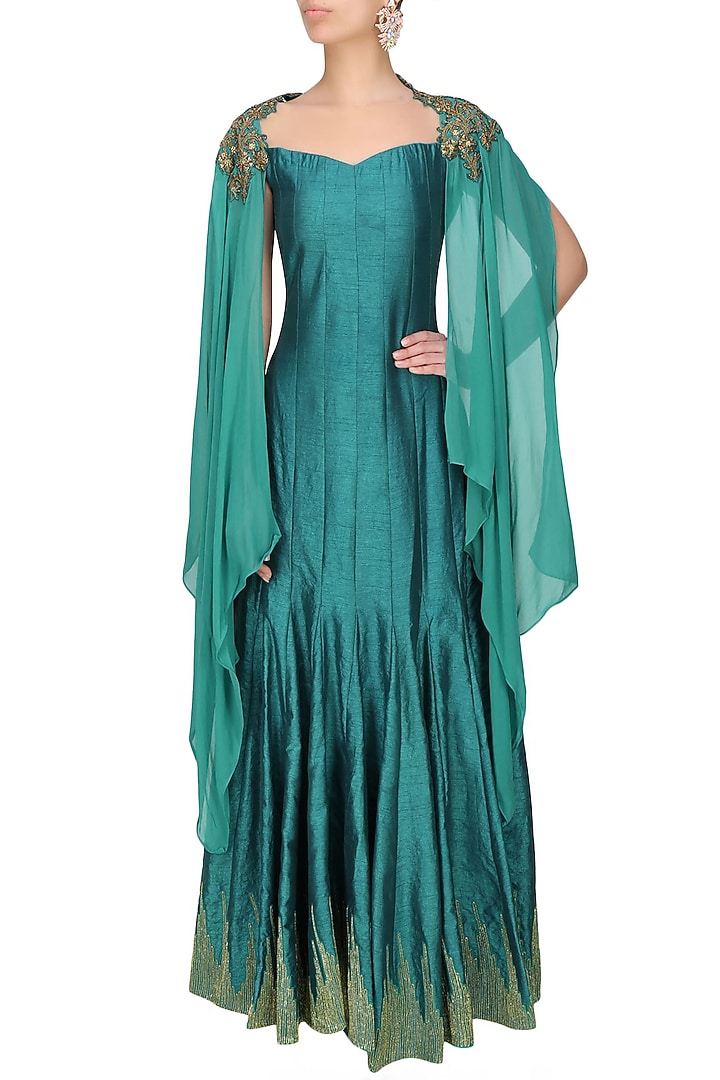 Tanya Patni presents Teal skyfall zardozi embroidered cape sleeves anarkali available only at Pernia's Pop Up Shop.
