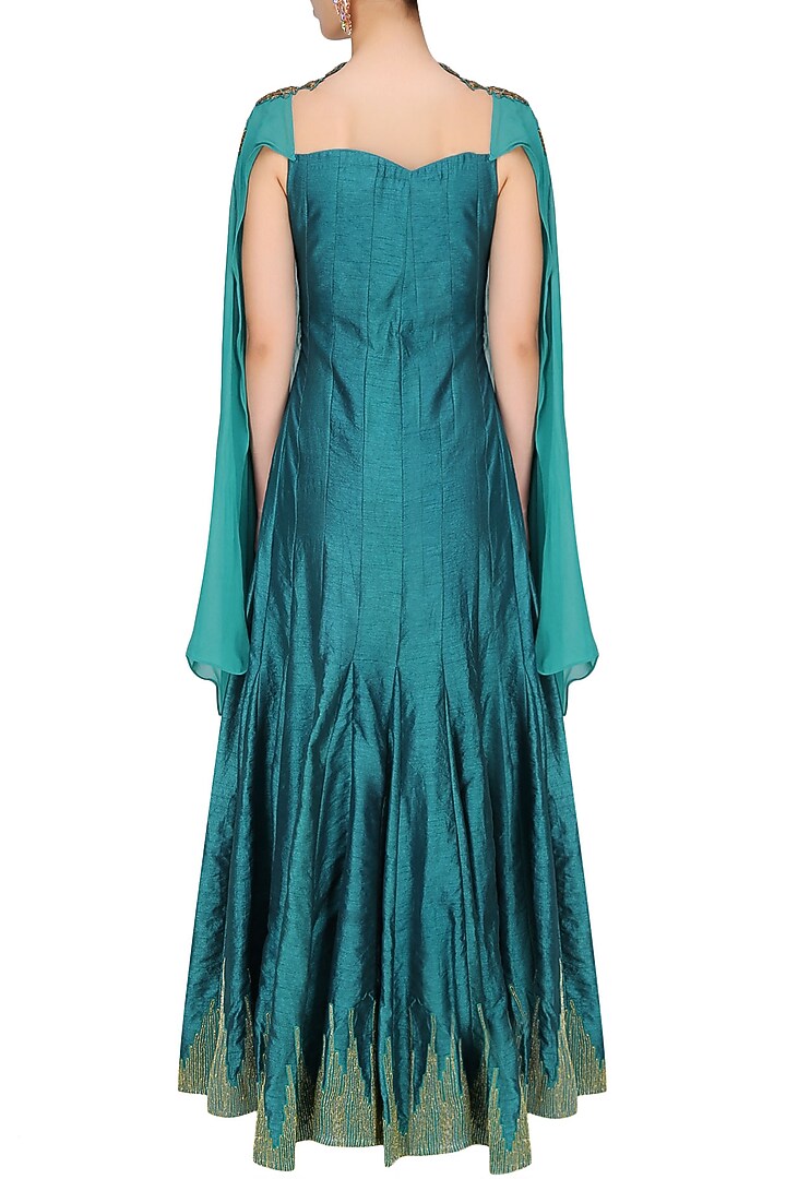 Tanya Patni presents Teal skyfall zardozi embroidered cape sleeves anarkali available only at Pernia's Pop Up Shop.