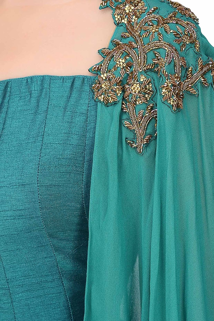 Tanya Patni presents Teal skyfall zardozi embroidered cape sleeves anarkali available only at Pernia's Pop Up Shop.