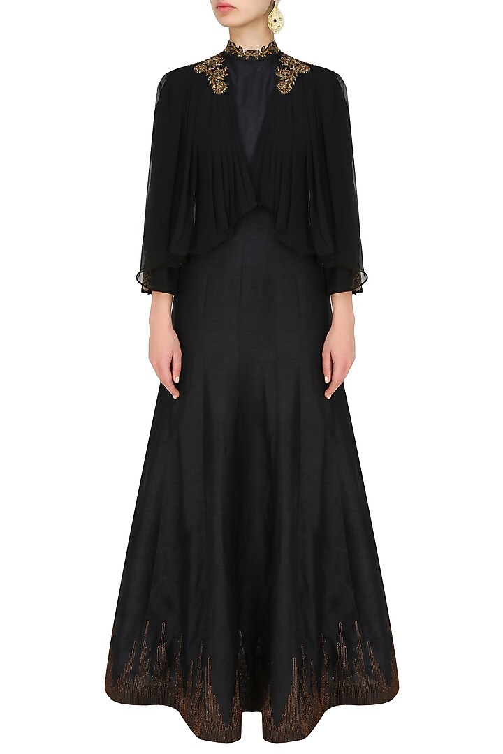 Tanya Patni presents Midnight black cape draped anarkali available only at Pernia's Pop Up Shop.