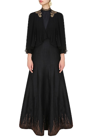 Midnight black cape draped anarkali by Tanya Patni