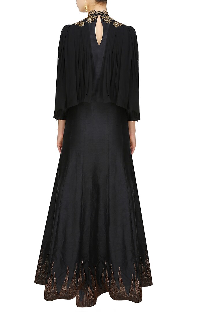 Tanya Patni presents Midnight black cape draped anarkali available only at Pernia's Pop Up Shop.
