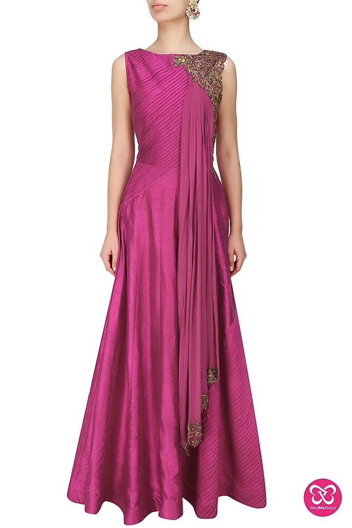 Tanya Patni presents Berry pink dabka embroidered anarkali with draped dupatta available only at Pernia's Pop Up Shop.