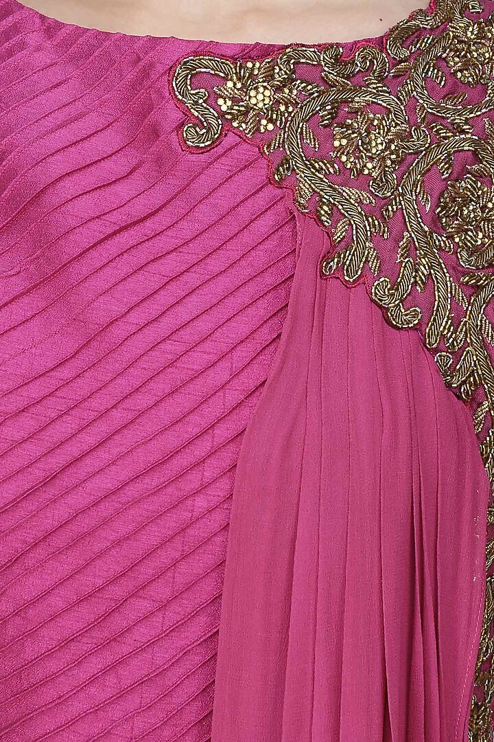 Tanya Patni presents Berry pink dabka embroidered anarkali with draped dupatta available only at Pernia's Pop Up Shop.