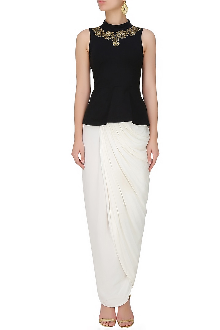 Tanya Patni presents Onyx black stretch dabka embroidered faux necklace Peplum top available only at Pernia's Pop Up Shop.
