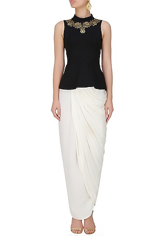 Onyx black stretch dabka embroidered faux necklace Peplum top by Tanya Patni