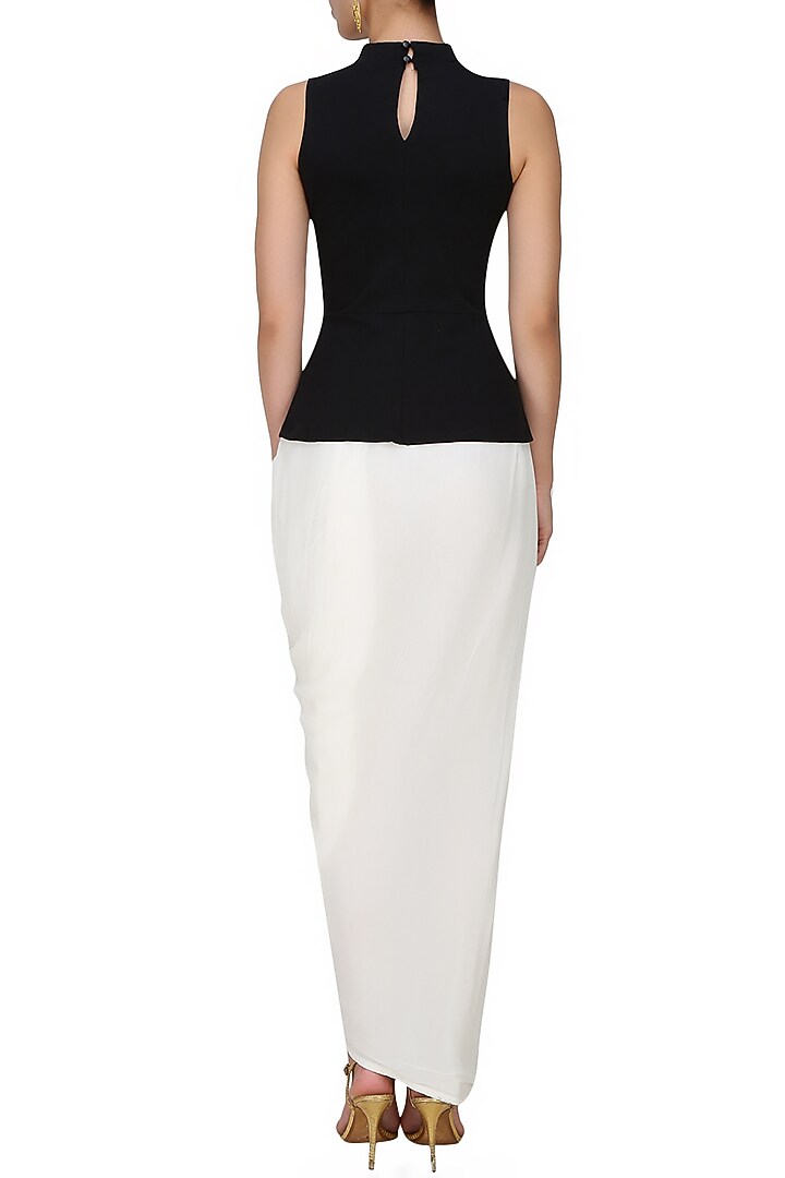 Tanya Patni presents Onyx black stretch dabka embroidered faux necklace Peplum top available only at Pernia's Pop Up Shop.