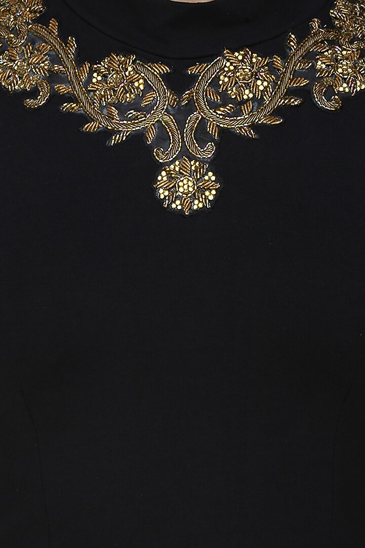 Tanya Patni presents Onyx black stretch dabka embroidered faux necklace Peplum top available only at Pernia's Pop Up Shop.