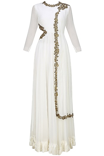 Tanya Patni presents White Anarkali with draped dupatta and side cutout ...