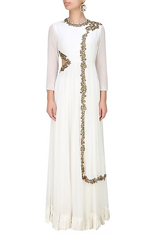 White Anarkali with draped dupatta and side cutout by Tanya Patni