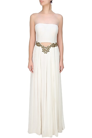 Ghost white cutout sheer mesh gown by Tanya Patni