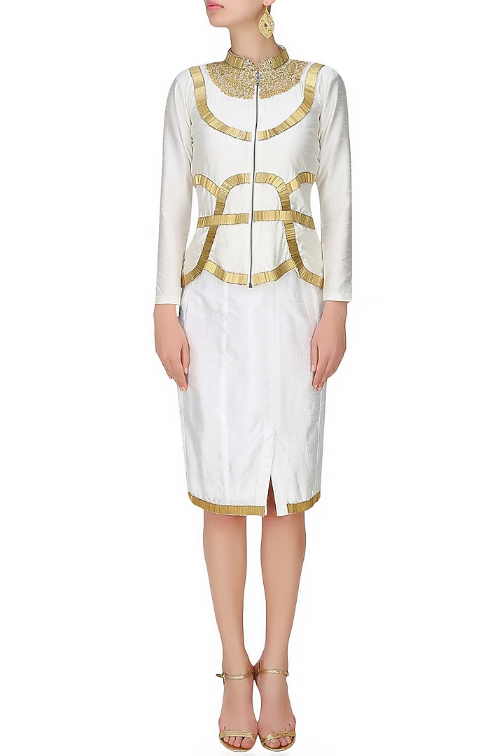 Tanya Patni presents White Metal pipe work pencil skirt and blazer jacket available only at Pernia's Pop Up Shop.