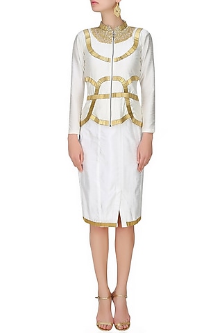 White metal pipe work pencil skirt and blazer jacket 
 by Tanya Patni