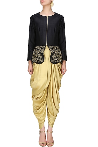 Onyx black peplum jacket and berkley gold 
cowl draped dhoti pants by Tanya Patni