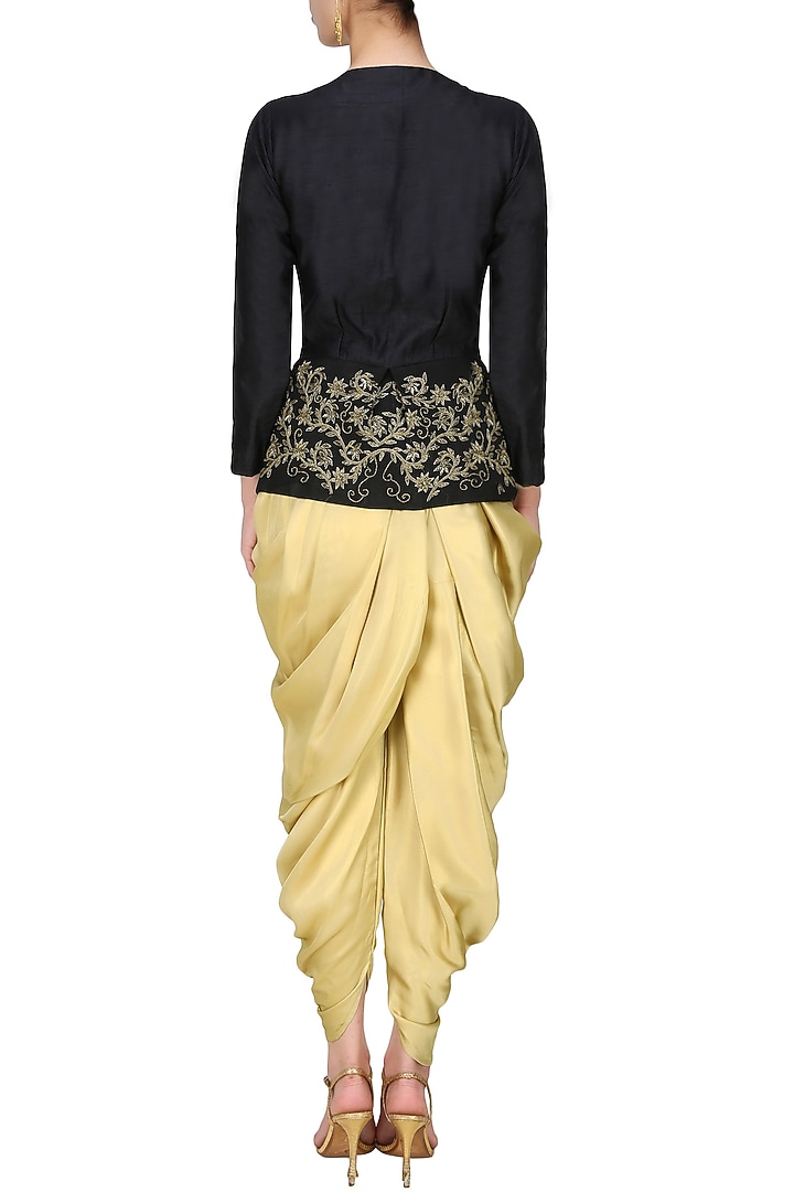 Tanya Patni presents Onyx black peplum jacket and berkley gold cowl draped dhoti pants available only at Pernia's Pop Up Shop.