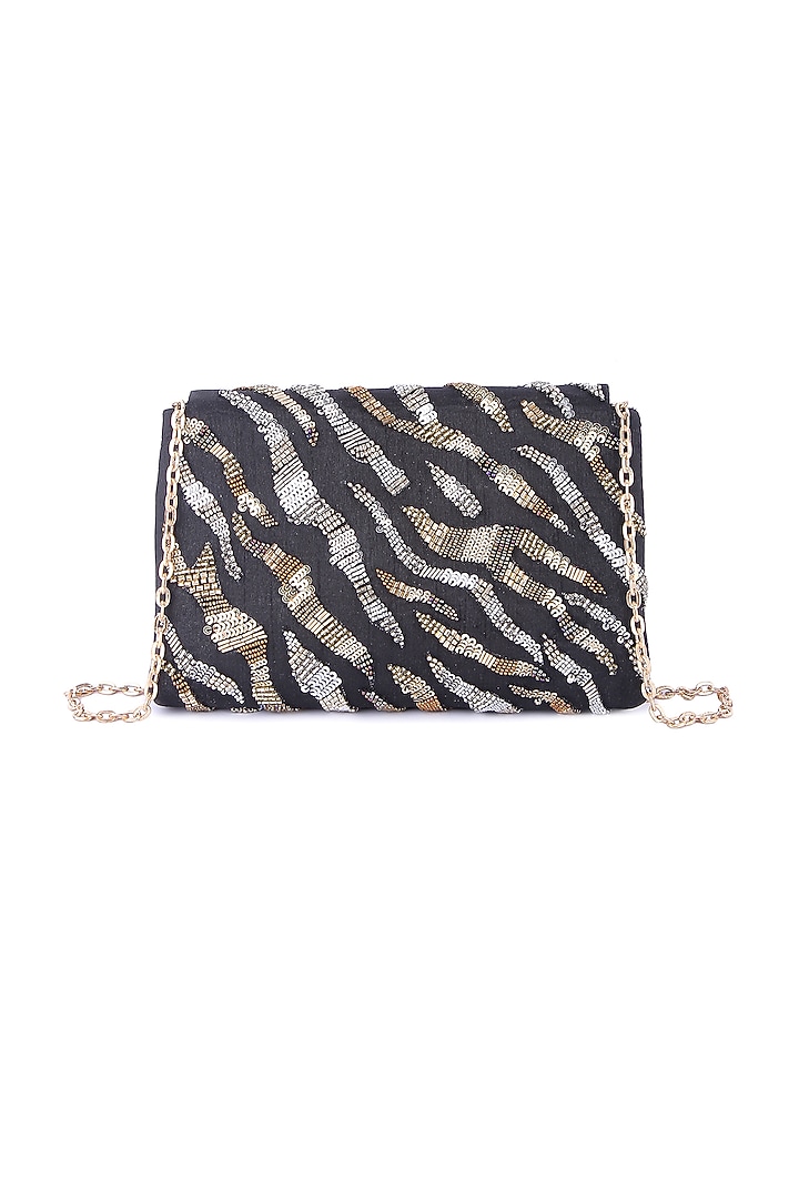 Black Raw Silk Hand Embroidered Clutch by The Purple Sack at Pernia's Pop Up Shop
