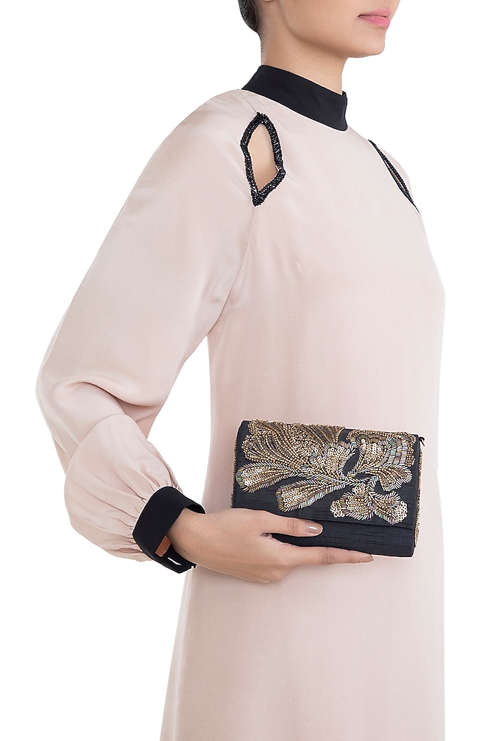 Black & Gold Embroidered Sling Clutch by The Purple Sack at Pernia's Pop Up Shop