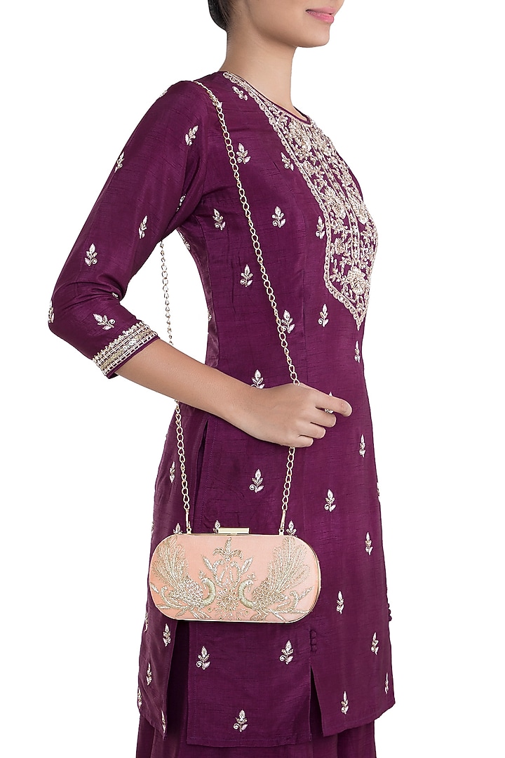 Peach & Gold Embroidered Box Clutch by The Purple Sack at Pernia's Pop Up Shop