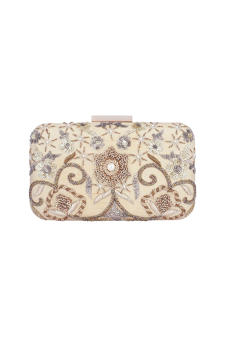 Beige & Gold Embroidered Box Clutch by The Purple Sack at Pernia's Pop Up Shop