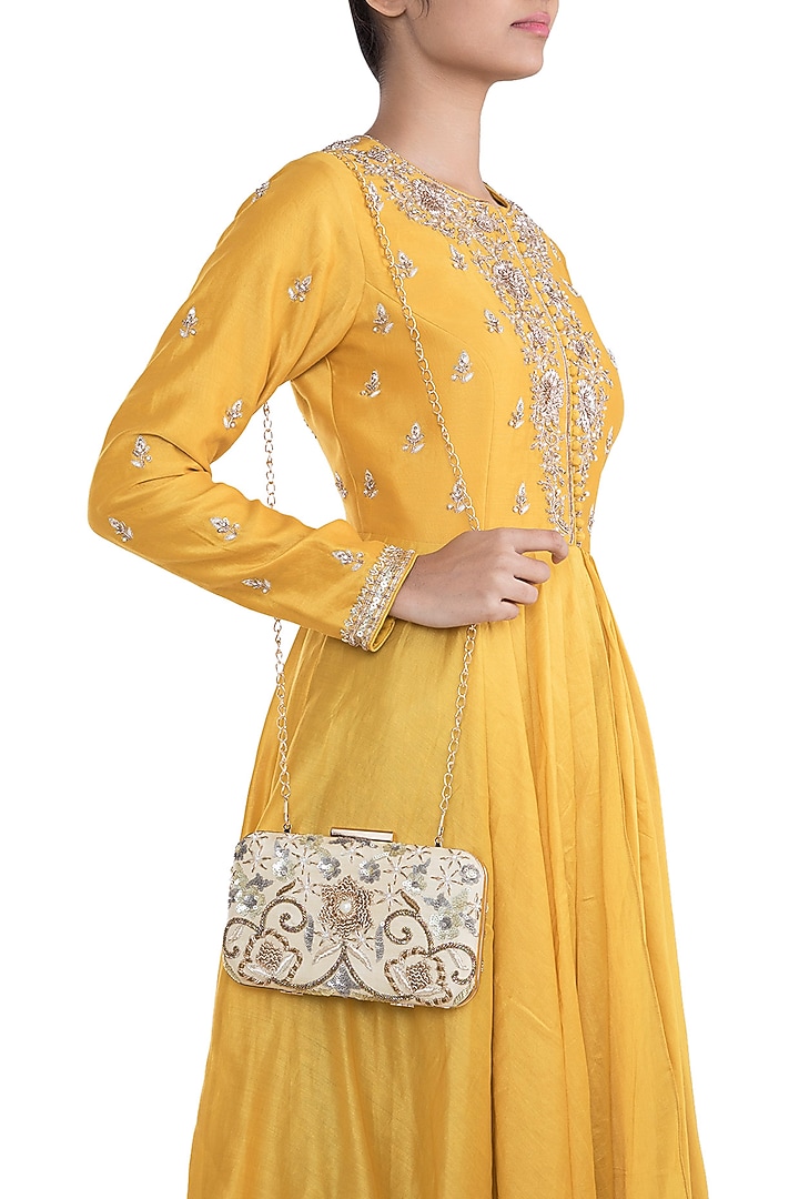 Beige & Gold Embroidered Box Clutch by The Purple Sack at Pernia's Pop Up Shop