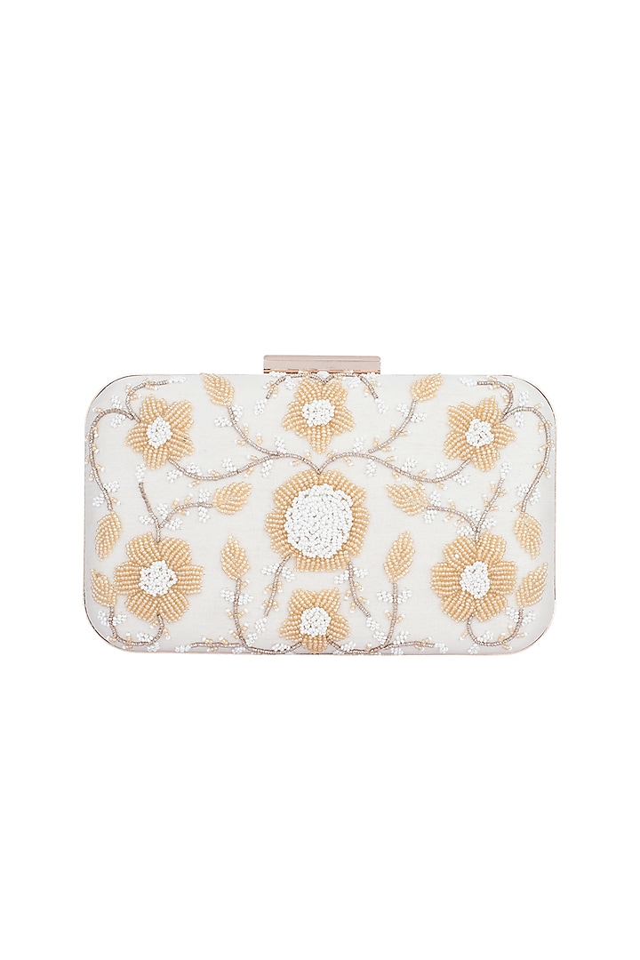 White & Gold Embroidered Box Clutch by The Purple Sack