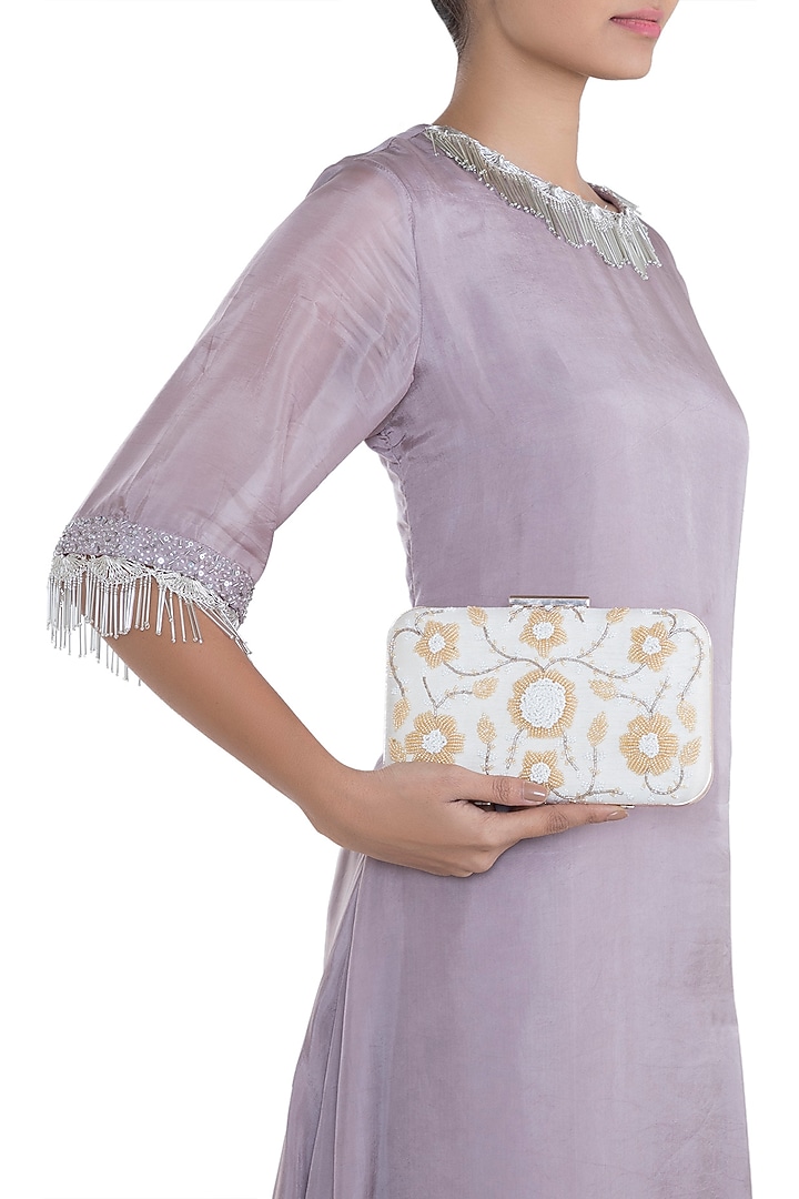 White & Gold Embroidered Box Clutch by The Purple Sack at Pernia's Pop Up Shop