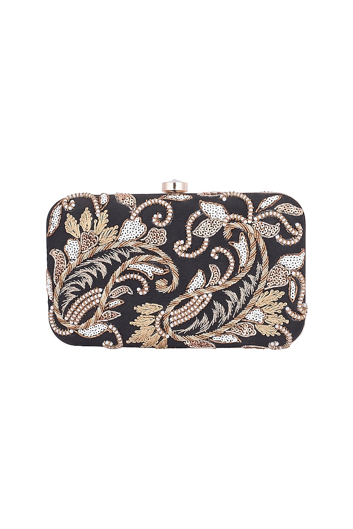 Black & Gold Embroidered Sling Box Clutch by The Purple Sack