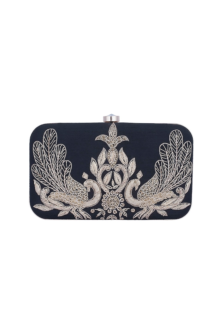 Black & Gold Peacock Embroidered Sling Box Clutch by The Purple Sack