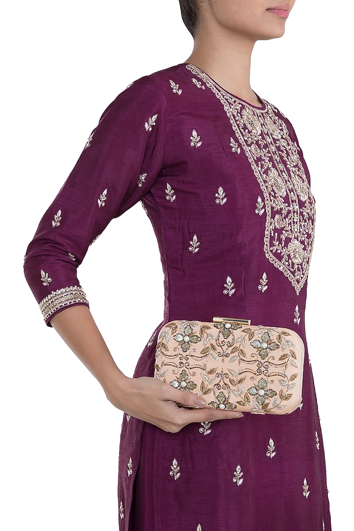 Peach & Gold Embroidered Sling Box Clutch by The Purple Sack at Pernia's Pop Up Shop
