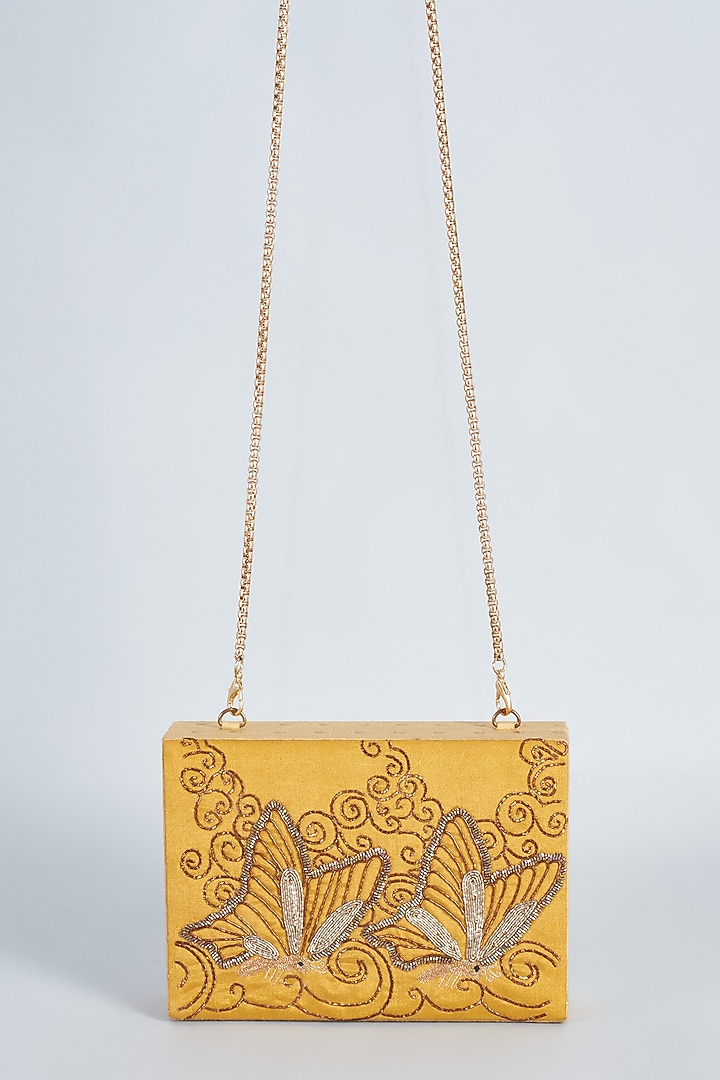 Yellow Raw Silk Hand Embroidered Clutch by The Purple Sack at Pernia's Pop Up Shop