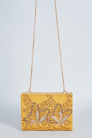 Yellow Raw Silk Hand Embroidered Clutch by The Purple Sack