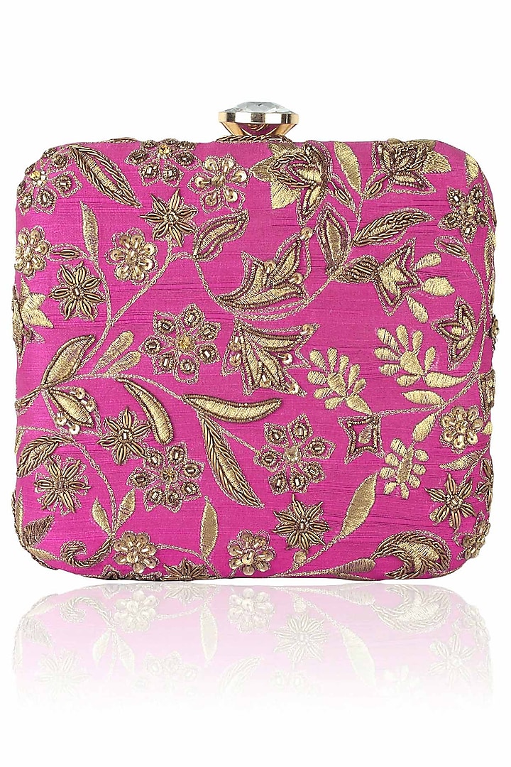 Pink Floral Pattern Hand Embroidered Square Box Clutch by The Purple Sack