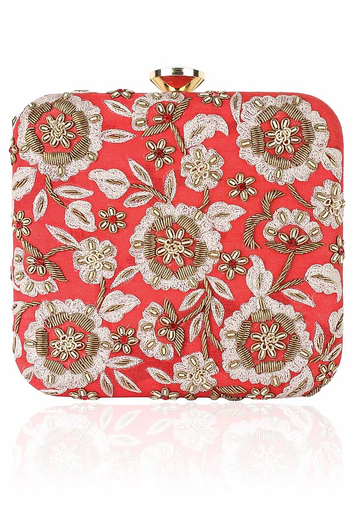 Red Floral Pattern Zardozi And Bugle Bead Embroidered Square Box Clutch by The Purple Sack