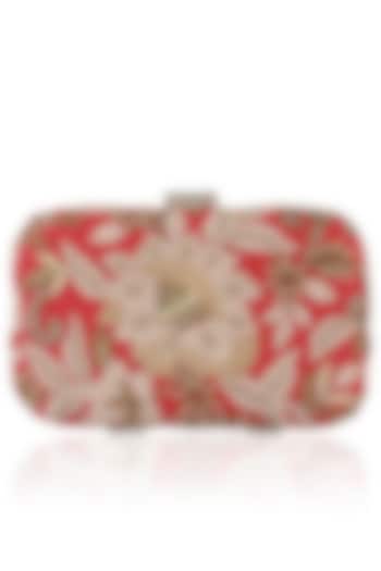 Red Floral Pattern Embroidered Bloom Box Clutch by The Purple Sack