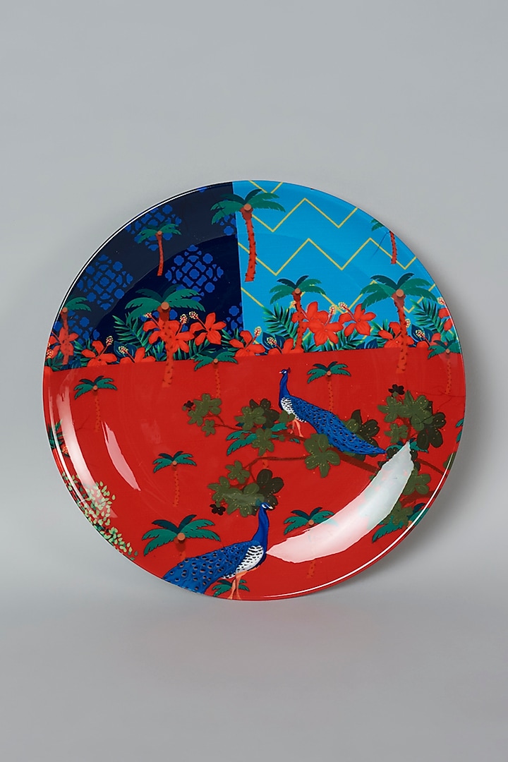Red Peacock Paradise Ceramic Wall Plate by The Quirk India