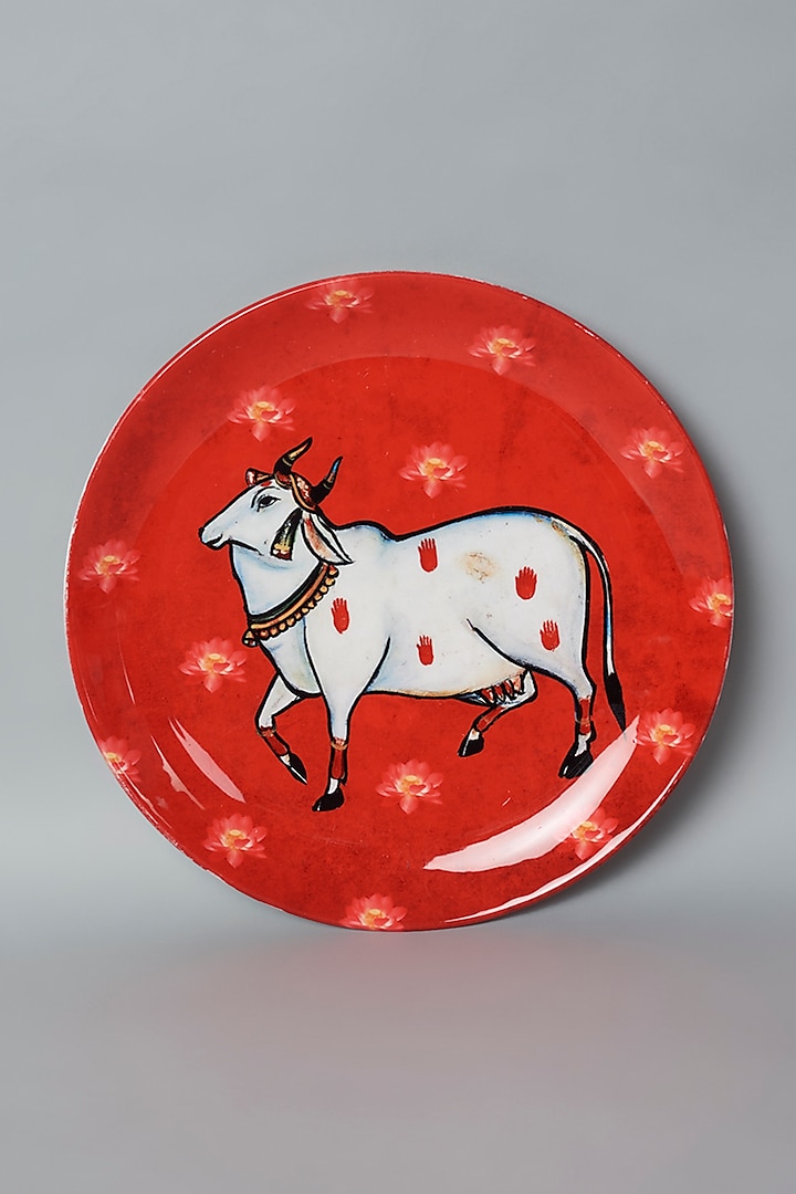 Red Sacred Cow Ceramic Wall Plate by The Quirk India