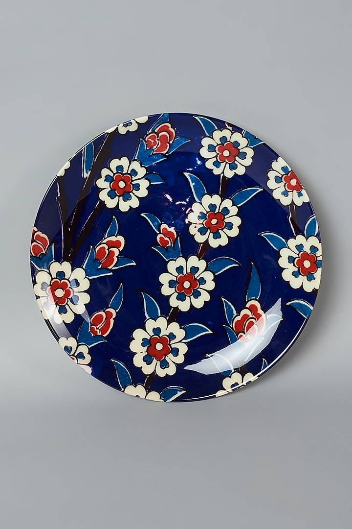 Navy Blue Pottery Floral Ceramic Wall Plate by The Quirk India
