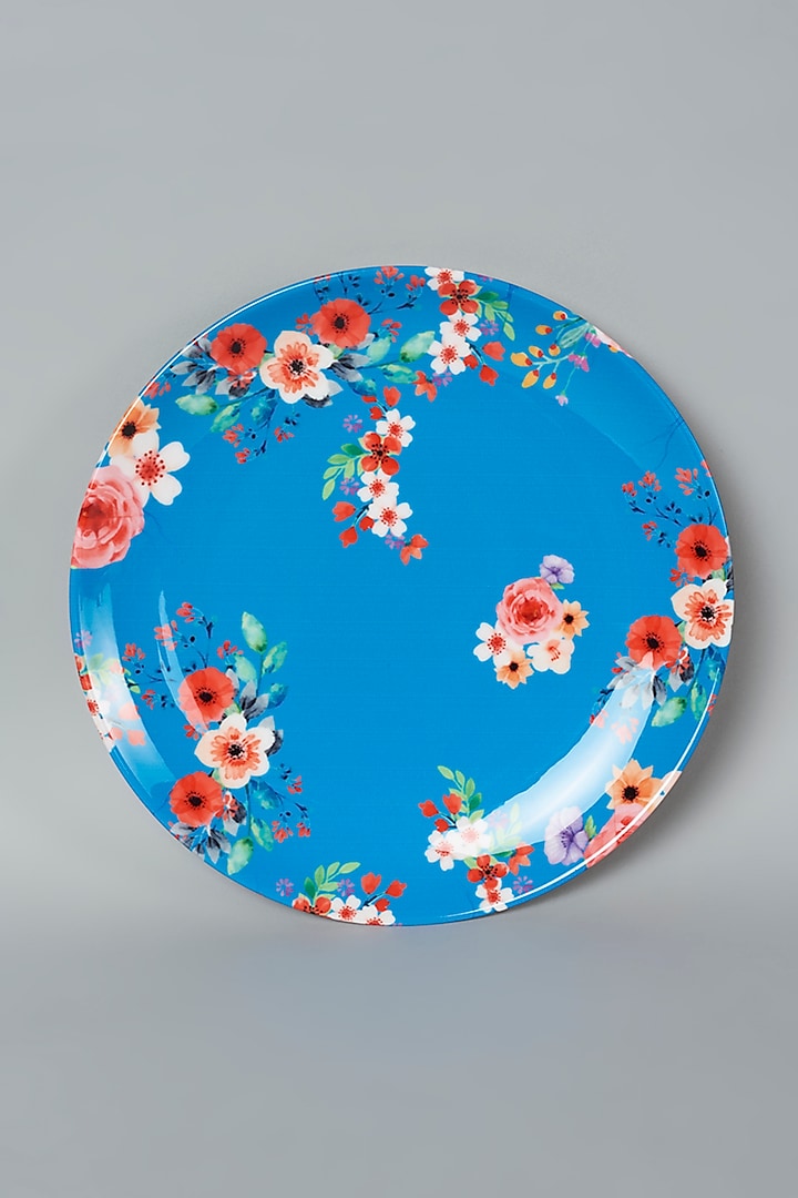 Blue Ceramic Floral Printed Wall Plate by The Quirk India