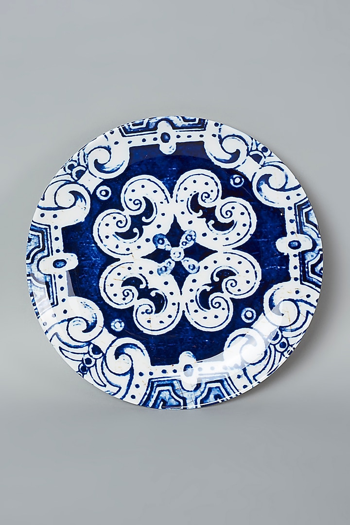 White & Blue Pottery Pattern Wall Plate by The Quirk India