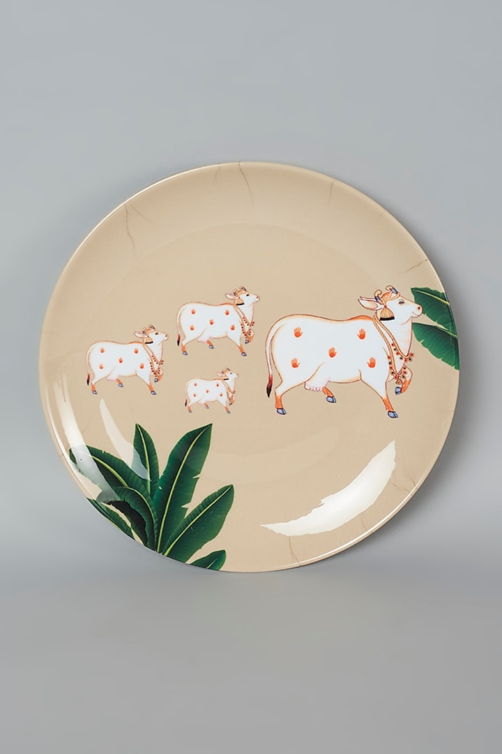 Beige Tropical Pichwai Cow Wall Plate by The Quirk India