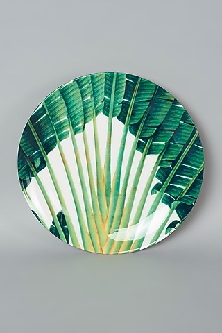 White & Green Banana Leaves Cluster Wall Plate by The Quirk India